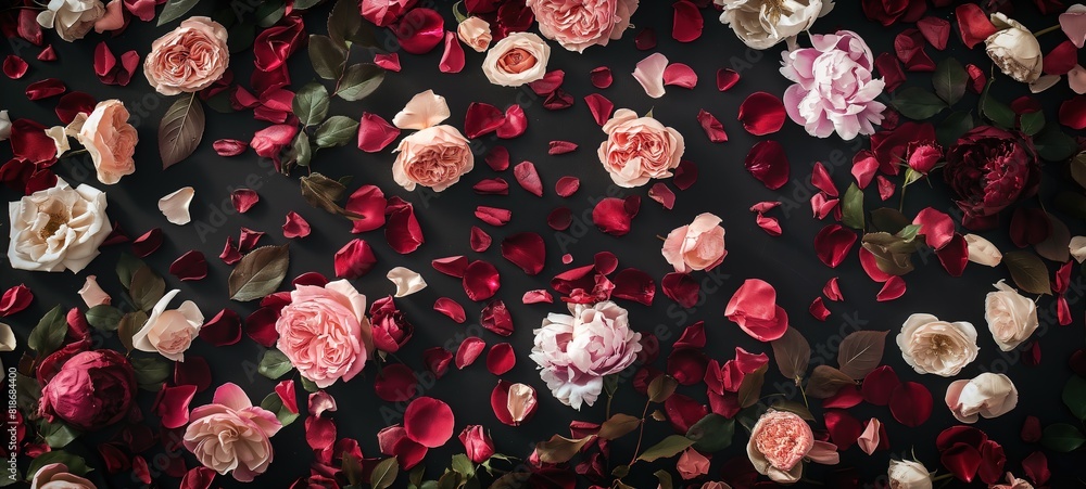 top view pink red peony rose on black background, sensual romantic spring fashion concept top view pink red peony rose on black background, sensual romantic spring fashion concept