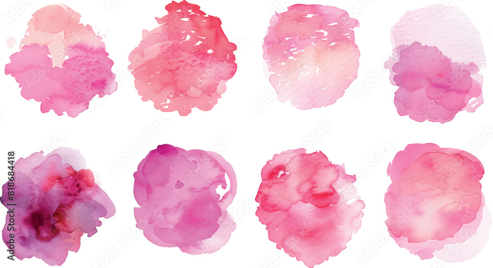 Set of colorful watercolor swatches featuring intricate patterns of overlapping swatches in different shades of pink, watercolor style, white background, illustrations