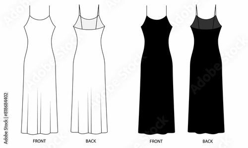Image of women's long strappy sleep dress, front and back view. Image of midi length sleep dress, black and white colors. Technical sketch of long, fashionable, silk dress, isolate on white background photo