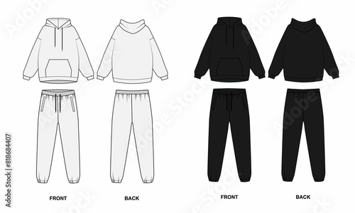 Technical drawing of a basic tracksuit, front and back view. Drawing of hoodie with pocket and joggers with rubber band. Hooded jacket pattern and elastic band sport pants. 