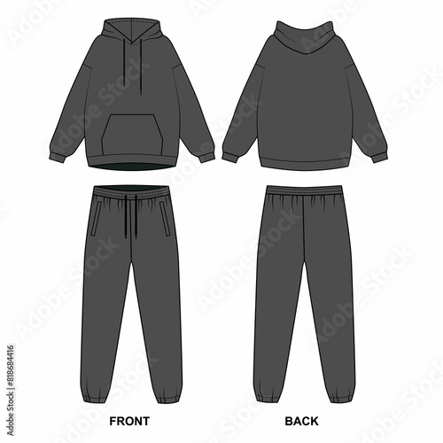 Technical drawing of a tracksuit, front and back view. Drawing of hoodie with pocket and joggers with elastic band. Template of hooded jacket and joggers with elastic band, black color.