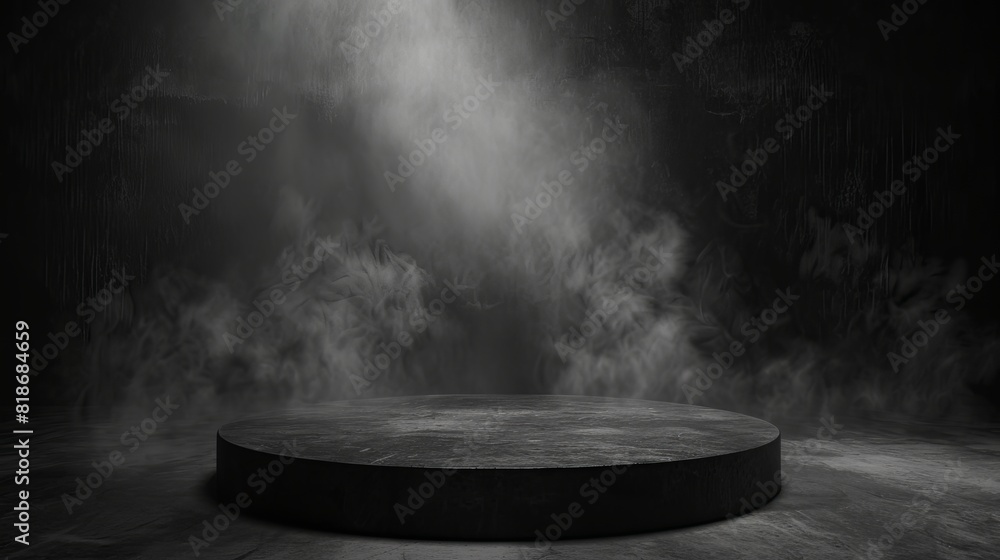 Podium black dark smoke background product platform abstract stage texture fog spotlight. Dark black floor podium dramatic empty night room table concrete wall scene place display studio smoky dust