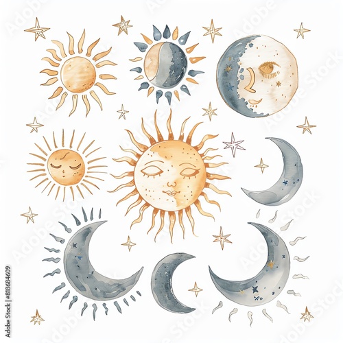 A collection of watercolor illustrations of the sun, moon, and stars photo