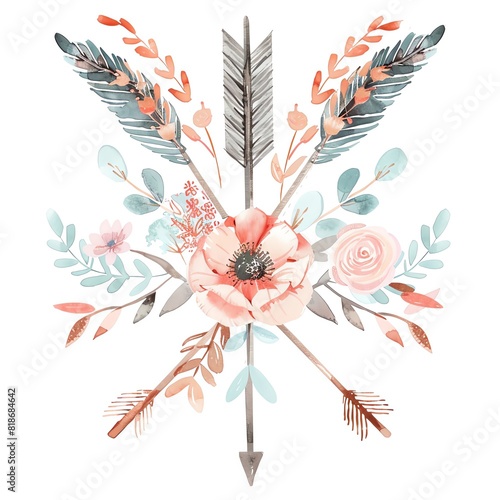 An illustration of a floral arrangement with 4 arrows. The flowers are pink, white, and blue. The leaves are green and blue. The arrows are brown and have feathers on the end. photo