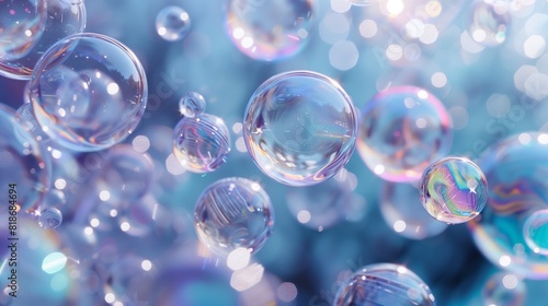 Layers of translucent bubbles floating on a gentle breeze, their iridescent colors and delicate forms creating a dreamy abstract background that captures the essence of whimsy and wonder. photo