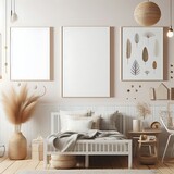 bedRoom with a mockup poster empty white and sets have mockup poster empty white have mockup poster empty white with a bed and a chair and a table realistic art card design.