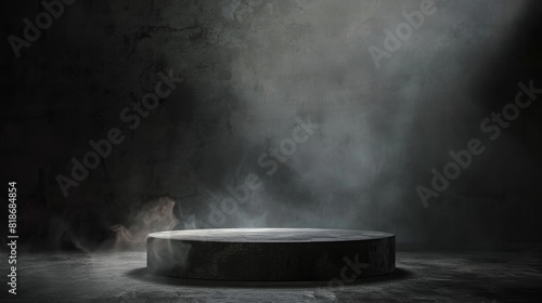 Podium black dark smoke background product platform abstract stage texture fog spotlight. Dark black floor podium dramatic empty night room table concrete wall scene place display studio smoky dust