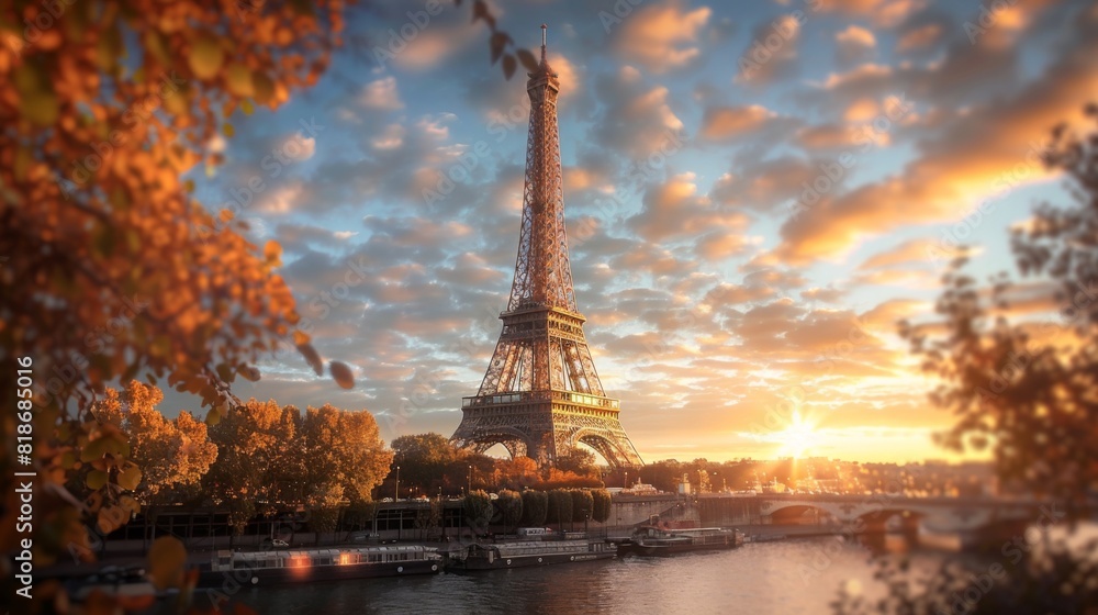 A landscape view of the Eiffel Tower at sunrise, captured in soft focus with lens flare highlighting the famous landmark and creating a serene travel atmosphere.