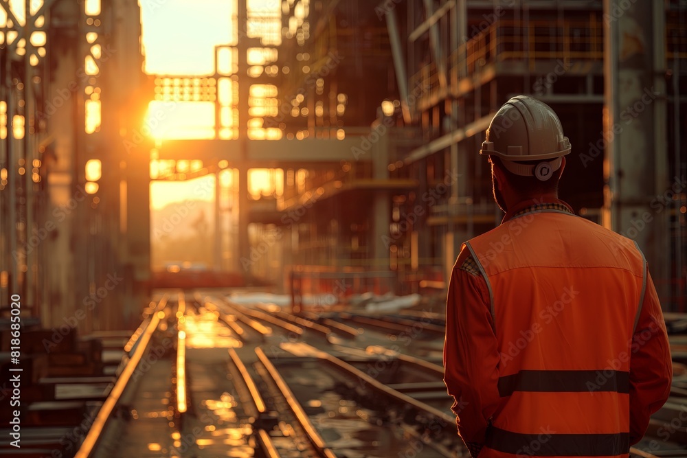 Engineer from behind on a construction site, right side of the image, wearing an orange vest, safety helmet, observing a large construction project Engineer from behind on a construction site, right side of the image, wearing an orange vest, safety helmet, observing a large construction project