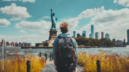 A backpacker admiring the Statue of Liberty from a distance, with the famous landmark in the background, depicted in a soft focus stock photo to showcase the joy of travel.
