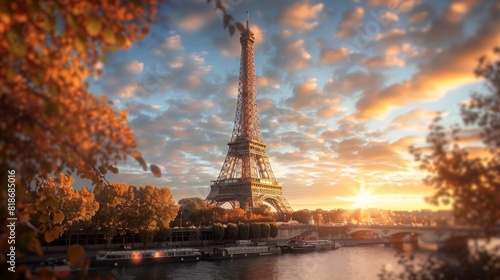 A landscape view of the Eiffel Tower at sunrise  captured in soft focus with lens flare highlighting the famous landmark and creating a serene travel atmosphere.