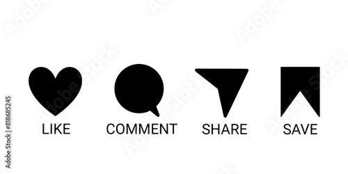 like comment share save icon isolated on white and transparent background. media social button black icon with text
