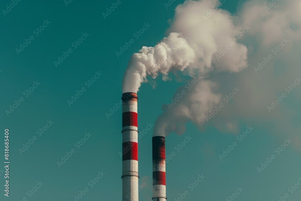 Industrial Chimneys Releasing Thick Smoke Into a Clear Blue Sky