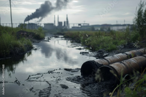 Industrial Pollution With Pipes Discharging Waste Into a Waterway at Dusk