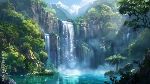 Majestic waterfall cascading down rugged cliffs into a serene pool below, surrounded by lush greenery. photo
