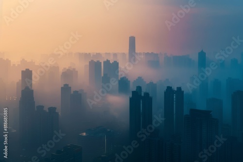 Hazy City Skyline at Dawn Reveals the Environmental Impact of Smog