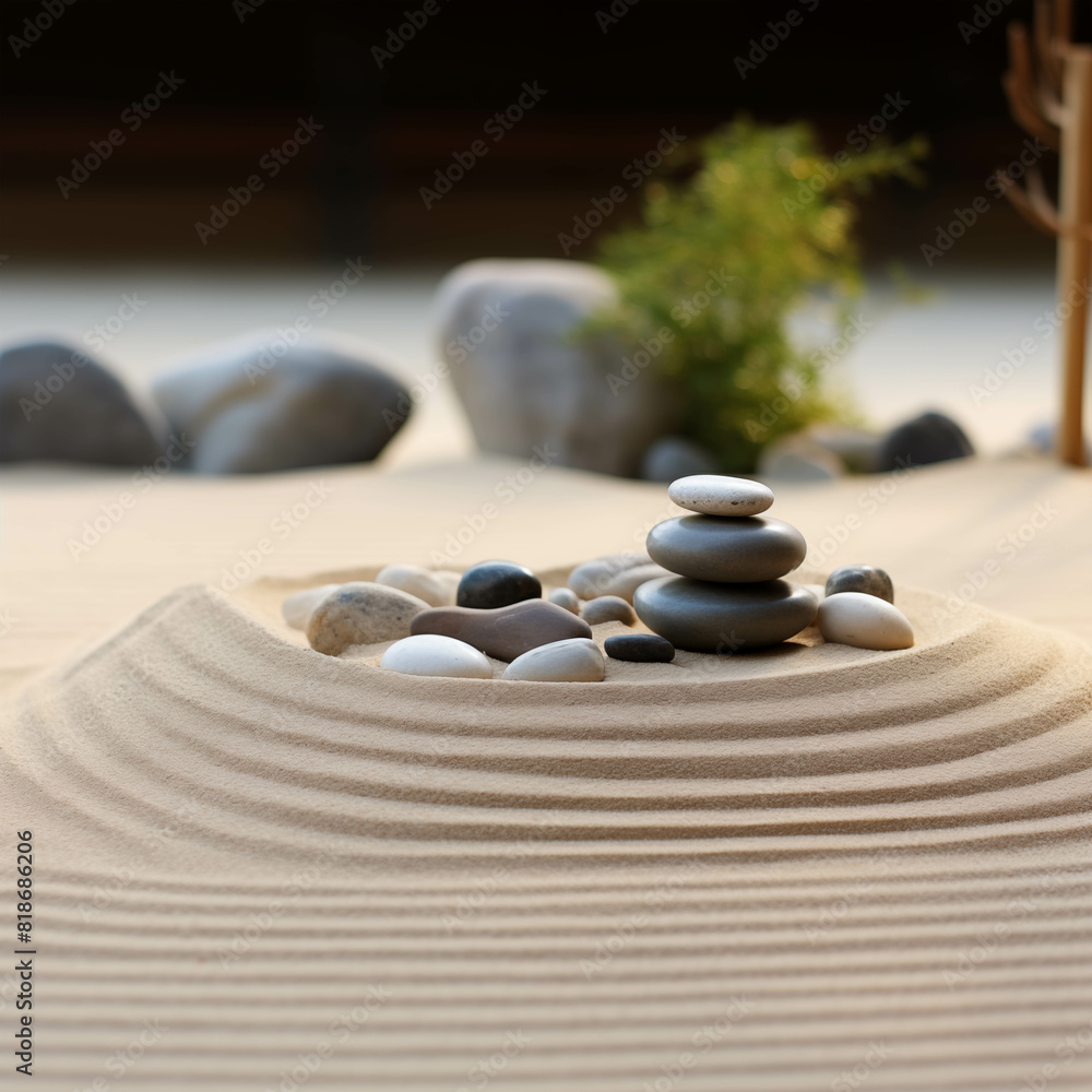 A close-up of a Zen garden with a rock formation