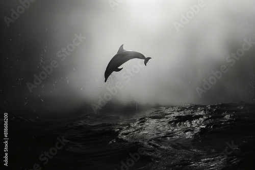 A bottlenose dolphin jumps out of the water into the air. photo