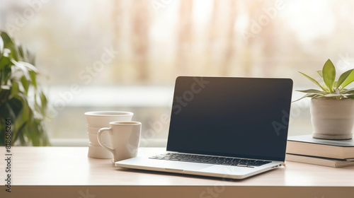 Wallpaper Mural A desk with a laptop, coffee cup and books by the window. Torontodigital.ca