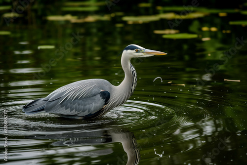 A grey heron is standing in a pond. The heron is looking for food in the water. © Gun