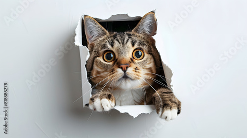 A cute American shorthair cat peeking out of a white background from a hole in paper with copy space. Adorable Pet Photography. photo