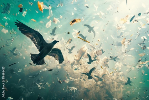 Birds Navigating Through Polluted Waters Amidst Floating Trash