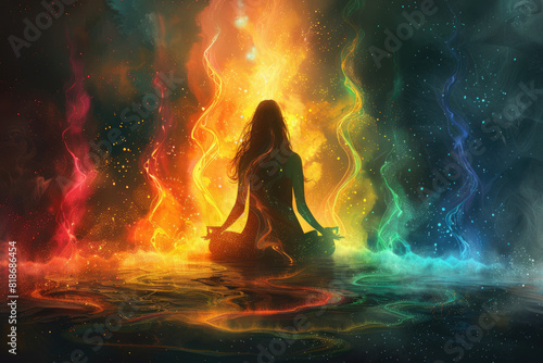 A woman meditating with glowing chakras; dark. Created with Ai