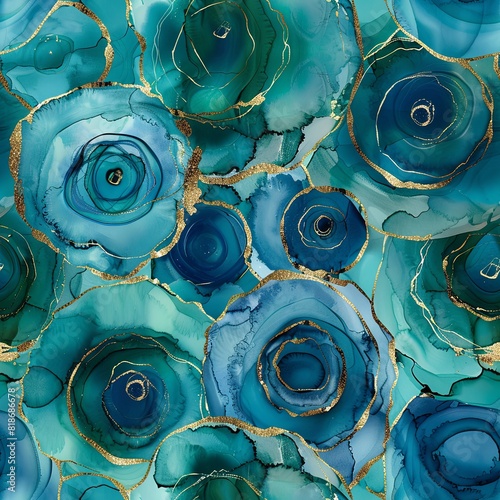 Seamless Alcohol Ink Circles in different colors, Alcohol Ink Background, Abstract shiny color fluid background, Alcohol painting with golden circles, liquid ink technique