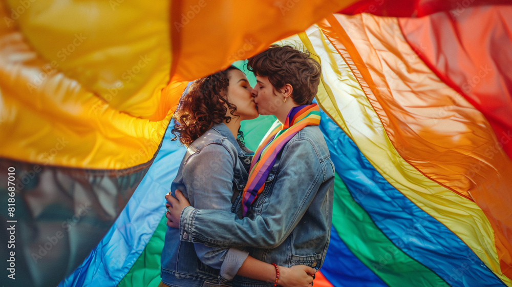 A loving LGBTQIA+ couple kissing tenderly in front of a large, vibrant rainbow flag, celebrating their love and pride A loving LGBTQIA+ couple kissing tenderly in front of a large, vibrant rainbow flag, celebrating their love and pride