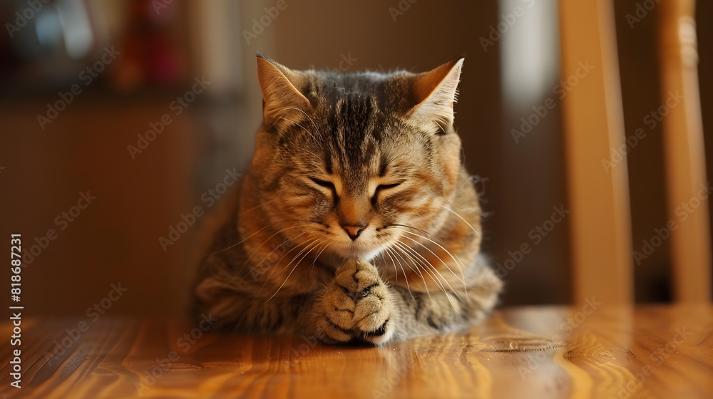 A cat sits on the floor. The cat is praying in action, with a cozy expression, and it hides its paw pads in a calm mood. Adorable Pet photo .