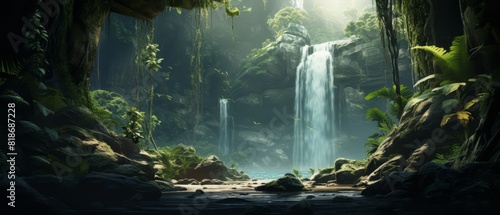 Majestic waterfall in a tropical setting, lush vegetation framing the cascading water, evoking serenity and power, photo
