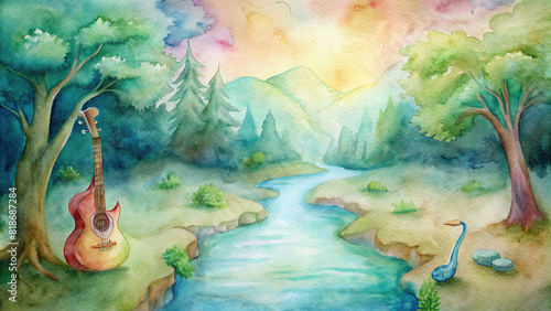 A tranquil watercolor landscape showcasing a flowing river winding through a forest, with a saxophone and guitar resting against a tree.