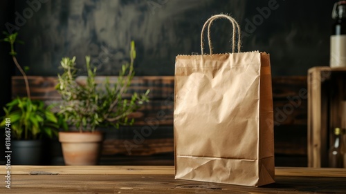 Mockup of a blank paper bag on a wooden counter  isolated background  with copy space 