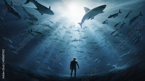 Diver surrounded by sharks underwater with light ray