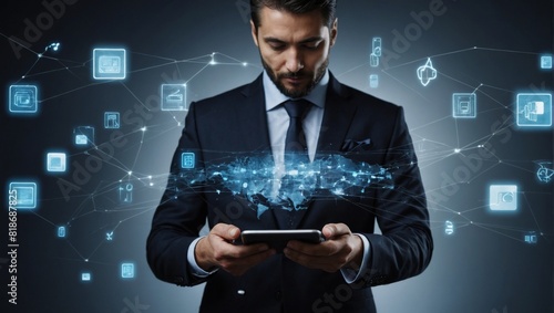 businessman touching digital tablet with world map