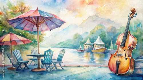 A picturesque watercolor illustration of a cello and accordion positioned beside a quaint riverside cafe, with colorful umbrellas and boats in the background photo