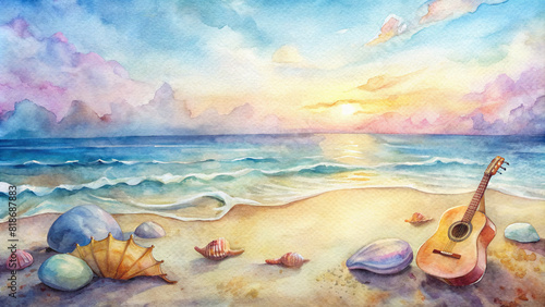 A picturesque watercolor scene depicting a beach at dawn, with acoustic guitars and a ukulele resting on the sand, surrounded by seashells and gentle waves. photo
