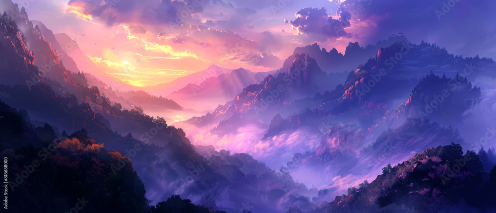 Peaceful sunrise over a misty mountain range, warm light slowly illuminating the peaks, a serene morning view,
