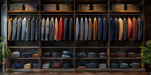 A trendy boutique store showcasing an elegant collection of suits and garments for businessmen.