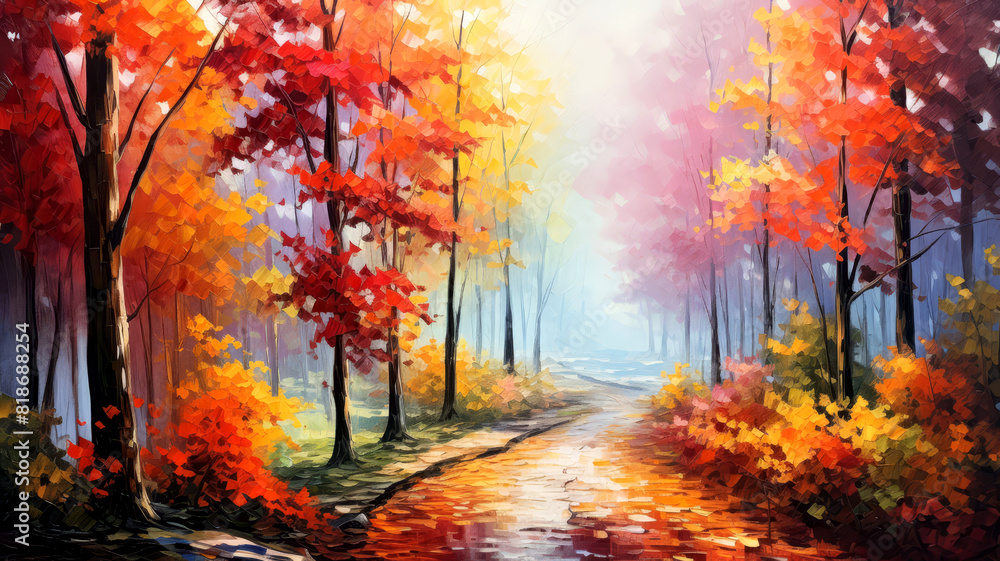 Serene path through an autumn forest, vibrant leaves creating a colorful canopy, a sense of peaceful solitude,