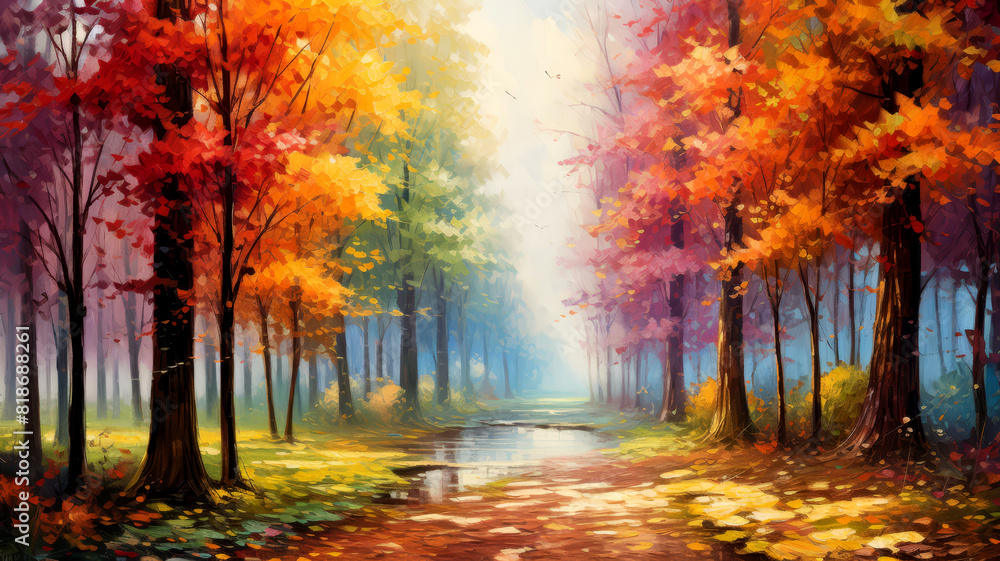 Serene path through an autumn forest, vibrant leaves creating a colorful canopy, a sense of peaceful solitude,