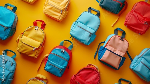 Various colorful backpacks scattered on a bright yellow background.