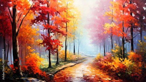 Serene path through an autumn forest  vibrant leaves creating a colorful canopy  a sense of peaceful solitude 