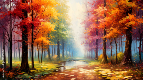 Serene path through an autumn forest, vibrant leaves creating a colorful canopy, a sense of peaceful solitude, © FoxGrafy