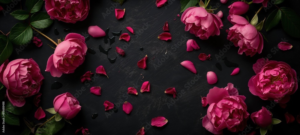 top view red peony rose on black background, sensual romantic spring fashion concept