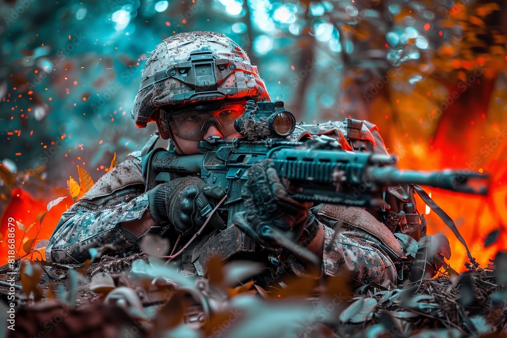 A soldier in camouflaged gear aims a rifle amidst a blazing forest backdrop, capturing the intensity and focus of wartime.