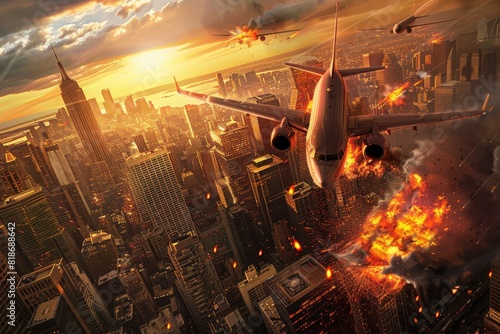 The skyline of New York City becomes a battleground with planes engaging in combat, fire, and explosions lighting up the horizon at sunset.