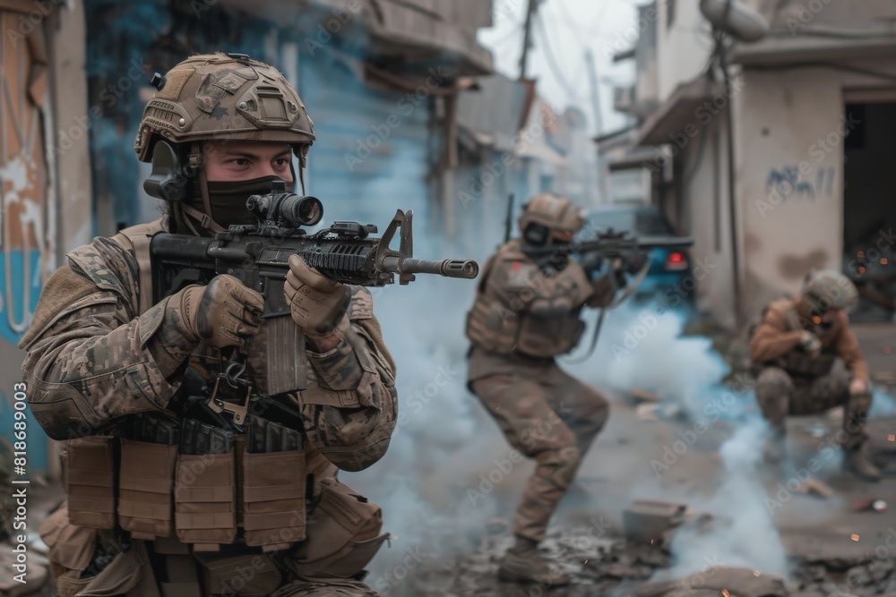 Obraz premium In the midst of a war-torn city, soldiers execute a precision assault, weapons poised, while smoke fills the air, creating a tense and dramatic battlefield atmosphere.