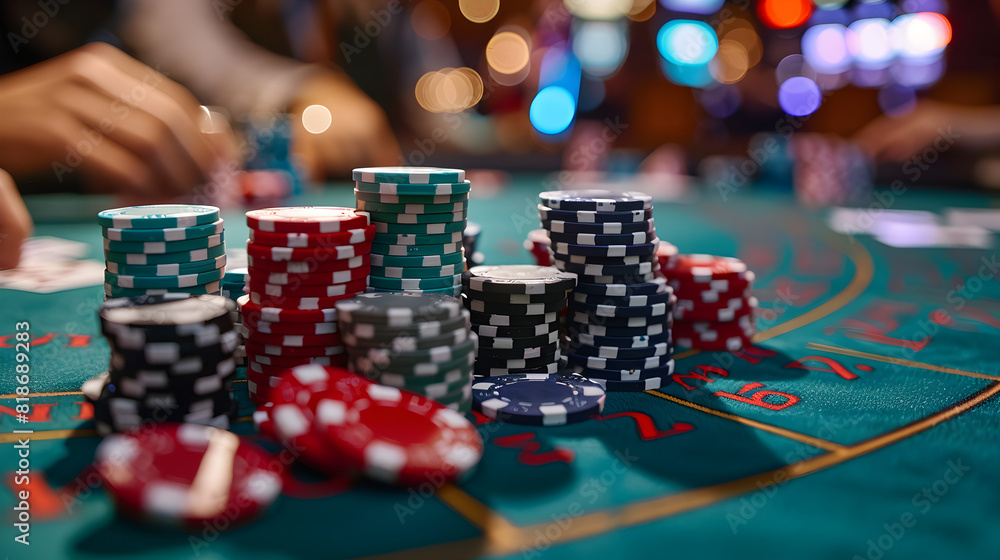 Casino chips and hands holding them on a roulette wheel, casino concept, gambling, slots concept Casino chips and hands holding them on a roulette wheel, casino concept, gambling, slots concept