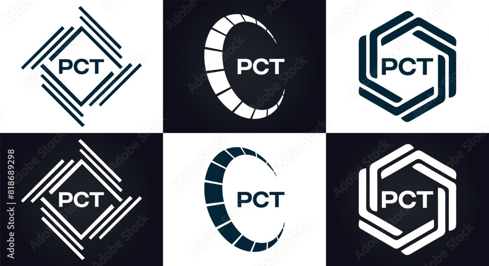 PCT logo. P C T design. White PCT letter. PCT, P C T letter logo design. P C T letter logo design in FIVE, FOUR, THREE, style. letter logo set in one artboard. P C T letter logo vector design.